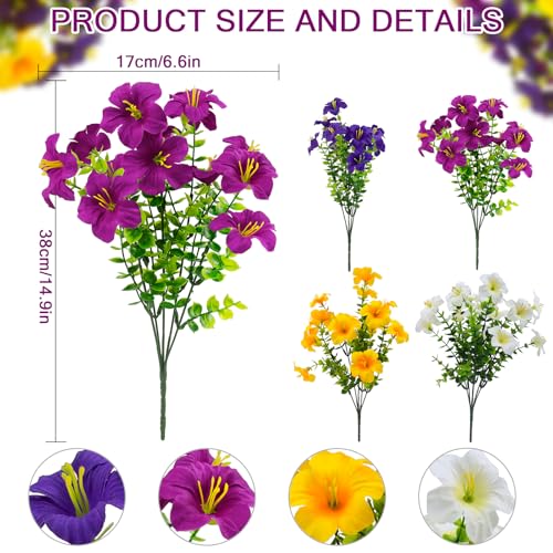 2 Set Artificial Outdoor Flowers with Hanging Baskets,24 Pcs UV Resistant Faux Petunias Flowers with Hanging Planter for Front Door Porch Spring Outside Decor (2, White,Yellow,Purple,RedViolet) - color: White,yellow,purple,redviolet