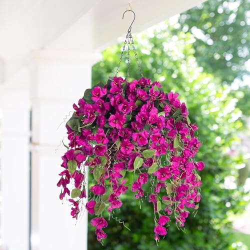 Artificial Fake Hanging Hibiscus Flowers Plants Baskets for Outdoor Decoration, Faux Silk Hibiscus Long Vines in Planter UV Resistant Realistic Flowers for Outside Porch Patio Home Decor(Purple 2) - color: Purple 2