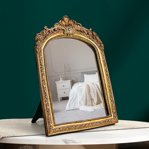 97 Decor Gold Vintage Wall Mirror - Small Gold Mirror for Tabletop and Wall Mounting, Antique Arch Frames for Desk, Small Decorative Mirrors Frame for Home Bedroom, Makeup Room Decor (10x6.8 Inch) - color: Regal Arch