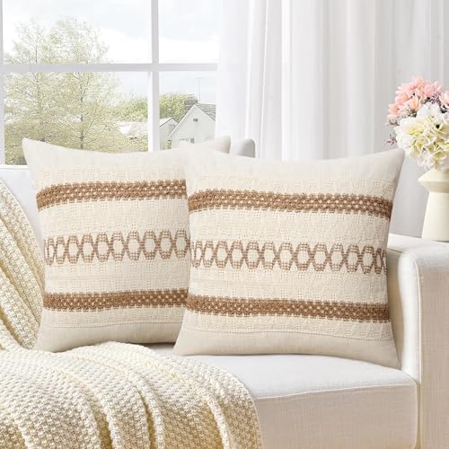 Pyonic Pack of 2 Boho Throw Pillow Covers 18x18 Inch Farmhouse Decorative Throw Pillows for Bed Sofa Living Room,Gray Modern Cushion Cover Couch Pillows Cover Home Decor - color: Beige+white