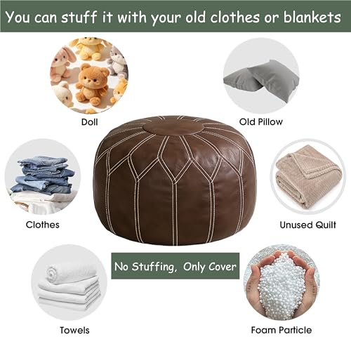 Thgonwid Round Unstuffed Pouf Cover, Faux Leather Storage Ottoman, Boho Moroccan Foot Stool, Multi-Purpose Home Decor for Living Room, Bedroom and Balcony, Deep Coffee, No Filling Included - color: Coffee（no Stuffing）