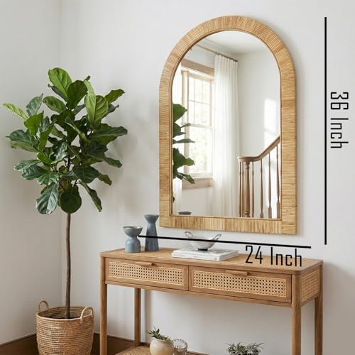 24x36 inch Rattan Arched Mirror for Wall, Bohemia Bathroom/Farmhouse Boho Mirrors, Vanity Irragular Decorative Arched Mirror, Suitable for, Bedroom, Living Room, Home Decoration - color: Arched 36*24