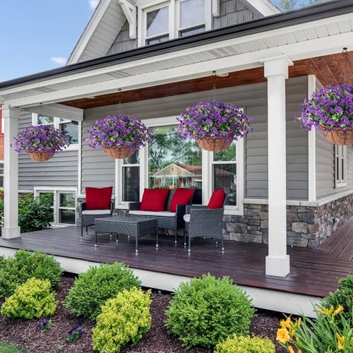 Artificial Fake Hanging Plants Flowers Basket for Outdoors Spring Summer Decoration, Silk Purple Morning Glory Eucalyptus UV Sun Resistant Realistic Faux Flowers for Outside Porch Patio Balcony Home - color: Purple
