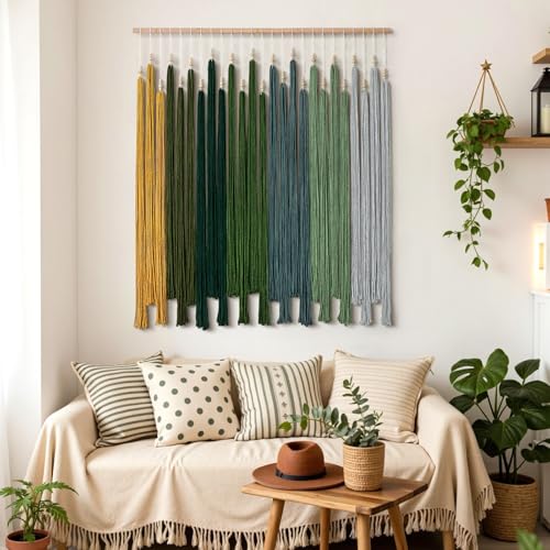 KHOYIME Macrame Wall Hanging Large Boho Home Decor Aesthetic, Bohemian Green Tassels Tapestry Modern Handmade Artwork Chic Wall Art Decorations for Living Dining Room Bedroom Nursery Office 38.5"x43" - color: Green