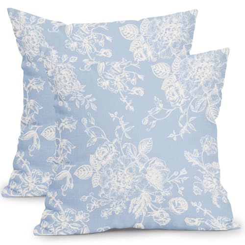 Kawani Vintage Floral Pillow Covers 18x18 Inch Set of 2 Baby Blue Floral Outdoor Decorative Throw Pillows Chinoiserie Flower Pillowcases Rustic Farmhouse Cushion Covers for Couch Home Decor - color: Baby Blue Floral, size: 18" x 18" (Pack of 2)