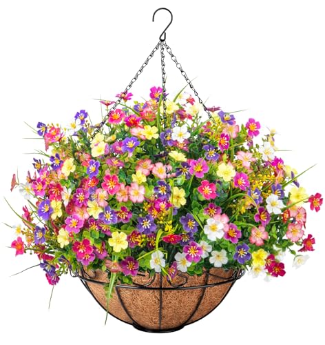Ouddy Decor Artificial Hanging Flowers with Basket, Faux Silk Flowers in Coconut Lining Basket, Spring Summer Outdoor Decor Fake Hanging Plants for Garden Patio Yard Porch Lawn, Mixed Color - color: Mix Color