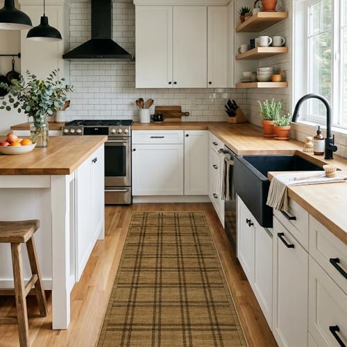 Jute 2x6 Kitchen Runner Rug: Washable Non Slip Hallway Rugs with Rubber Backing Pet-Friendly Carpets Stain Resistant Runners for Laundry Entryway Bedroom Decor Brown Plaid - color: Brown Plaid, size: 2' x 6' (Rectangular)