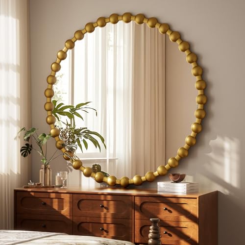 Easly Round Mirror for Wall, 36 Inch Gold Beaded Frame Decorative Vanity Mirror, Circle Bathroom Mirror with High-Definition Lense, Modern Wall Decor for Bathroom, Living Room, Bedroom, Entryway - color: Gold, size: 36"L x 36"W