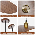 23.6" Wood Pendant Lights, Mid-Century Modern Natural Black Walnut Wood Pendant Light Fixture Hanging Lamp for Kitchen Island, Bedroom, Dining Room, Living Room, Nursery, Entryway, Foyer - size: 23.6" W x 8.3" H