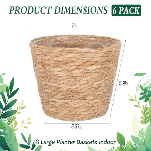 6 Pack Seagrass Planter Basket for Indoor Plants, 7 Inch Woven Plant Pot Cover with Leak-Proof Liner, Rustic Boho Flower Container for Home Decor, Organizing, and Concealing Nursery Pots