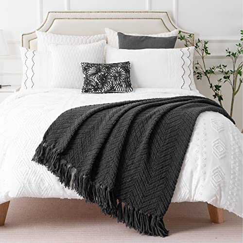 BATTILO HOME Dark Grey Throw Blanket for Couch, Knit Charcoal Throw Blanket Versatile for Chair, 50 x 60 Inch - Super Soft Warm Grey Blanket with Tassels for Bed, Sofa and Living Room - color: Grey, size: 50"x60"
