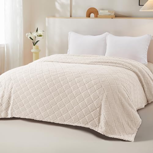 Whale Flotilla Fuzzy Fleece Queen Size Blanket for Bed, Soft Fluffy Jacquard Waffle Blankets for All Season, Lightweight and Cozy, 90x90 Inch, Ivory - color: Ivory, size: Queen(90x90 Inch)