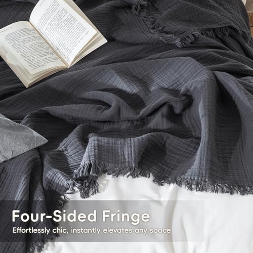MooMee Muslin Blanket - 100% Cotton 4-Layer Gauze Throw Blanket with All-Around Fringe, Soft Breathable Lightweight Cooling Summer Blankets for Bed Couch (Dark Grey, Queen 90" x 90") - color: Dark Grey, size: Queen