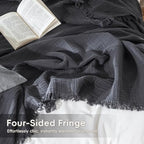 MooMee Muslin Blanket - 100% Cotton 4-Layer Gauze Throw Blanket with All-Around Fringe, Soft Breathable Lightweight Cooling Summer Blankets for Bed Couch (Dark Grey, Queen 90" x 90") - color: Dark Grey, size: Queen