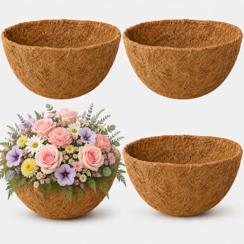 Y&M 4Pack 12 Inch Hanging Basket Liners, Replacement Coconut Fiber Basket Liners, Coco Coir Plant Liners for 12inch Flower Planters and Outdoor Garden Plants - color: 4pcs 12in Round