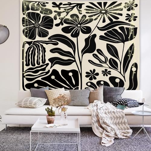 Yookeb Black Matisse Flower Tapestry 59W by 51H Inch Wall Hanging Abstract Vintage Leaves Aesthetic Retro Art 70s Modern Bedroom Living Room Dorm Polyester Fabric Home Decor - color: Black Matisse, size: 59"L x 51"W