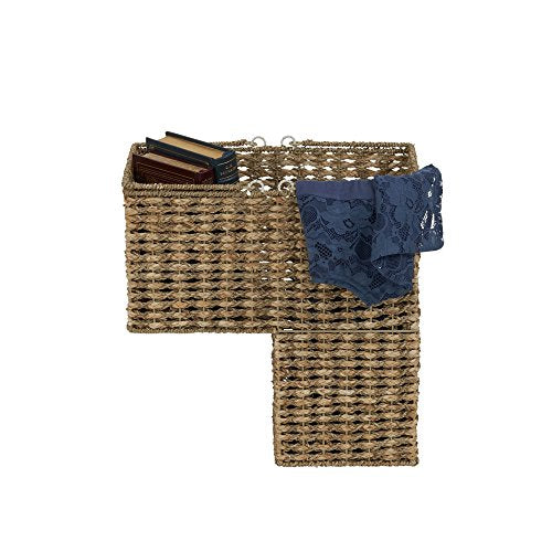 Household Essentials Handwoven Seagrass and Corn Husk Wicker Stair Basket with Iron Frame and Handles, Natural - style: Seagrass
