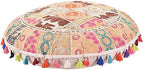 Indian Handmade Patchwork Codework White Round Pouf Cover Ottoman Floor Pillow Cushion Seating Throw Decorative Pom Pom Pillow Cases Bohemian 32 Inches