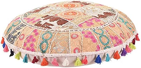 Indian Handmade Patchwork Codework White Round Pouf Cover Ottoman Floor Pillow Cushion Seating Throw Decorative Pom Pom Pillow Cases Bohemian 32 Inches