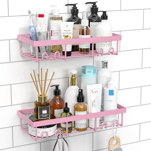 Moforoco Shower Caddy Shelf Organizer Rack, Self Adhesive Black Bathroom Shelves Basket, Home Farmhouse Wall Inside Organization and Storage Decor Rv Accessories, First Camper Apartment Essentials - color: Pink, size: Medium