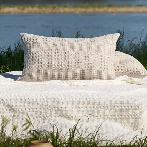 PHF 100% Cotton Waffle Pillow Shams Standard Size, 2 Pack 20" x 26" Soft Skin-Friendly Pillowcases, No Filling, Aesthetic Woven and Breathable Waffle Weave Pillow Case Covers for Bed, Oatmeal - color: Oatmeal, size: 26" x 20" (Pack of 2)
