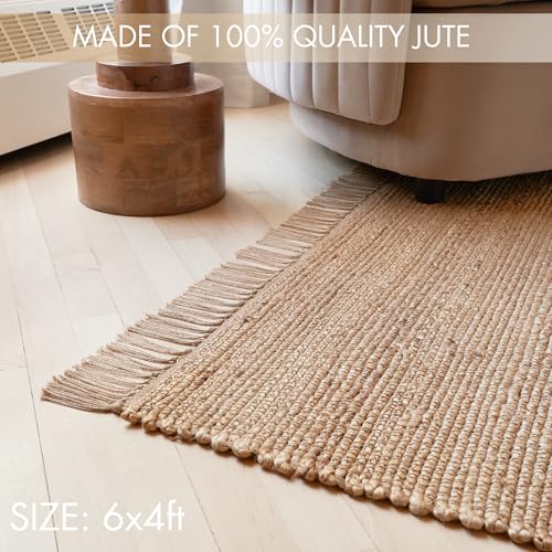 KIBAGA Beautiful Jute Area Rug for Your Home - This Natural 4x6 ft Hand Woven Rug Fits Perfectly Into Your Entry Area, Kitchen Or Living Room - Modern Braided Mat Enhances Any Boho/Farmhouse Decor - size: 4' x 6' (Rectangular)