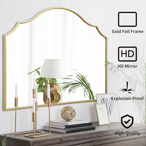 Besdomus Gold Scalloped Wall Mirror: 40"x29" Large Modern Minimalist Bathroom Mirror - Decorative Vanity Arched for Dresser/Entryway/Fireplace/Mantle/Living Room - Home Decor for Housewife - color: Gold Leaf, size: 29"L x 40"W