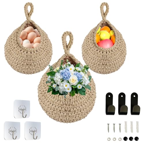 Water Drop Boho Wall Hanging Fruit Baskets for Kitchen - Bohemian Home Decor, Hanging Storage to Keep Fruits Fresh & Kitchen Tidy. - color: Khaki hemp rope