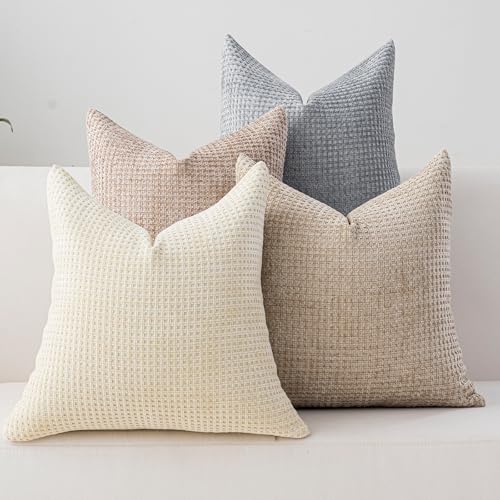 Pack of 4 Throw Pillow Covers 18x18 inch Beige Light Gray Boho Cushion Covers Decorative Farmhouse Pillow Covers for Couch Bed Sofa Living Room Home Decor Soft Square Pillowcase - color: Beige/Light Gray, size: 18" x 18" (Pack of 4)