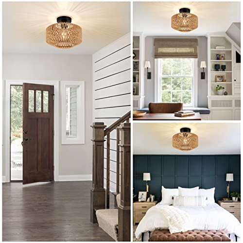 Boho Light Fixtures Ceiling Mount,Mini Rattan Chandelier Light Fixture with Dimmable LED Bulb,Hand Woven Ceiling Light Fixtures Flush Mount for Hallway Bedroom Kitchen Entryway Living Room - color: B-brown