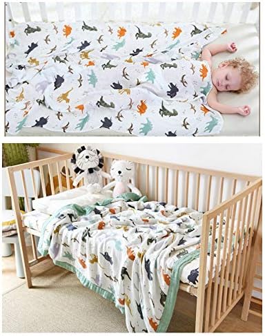 Little Jump Dinosaur Muslin Blanket Baby Quilt - Silky Soft and Breathable Crib Blanket for Daycare - Large 47" x 47" - 2 Layers Toddler Summer Blankets for Boys (Dinosaur)