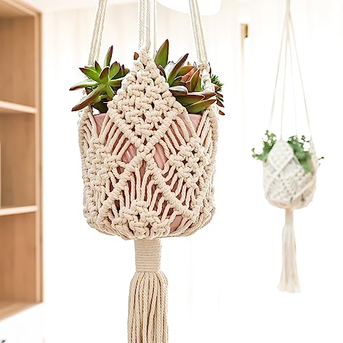 Hanging Planter with Patterns,2Packs Macrame Plant Hangers Indoor Macrame for up to 8 inch Pot Crochet Boho Plant Hanger Holder for Indoor Outdoor with 2S Shaped Stainless Steel Hooks (White) - color: White