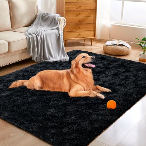 Black Rugs for Bedroom Fluffy 3x5 ft Living Room Rug Non-Slip Area Rugs Shag Carpet for Nursery Kids PlayRoom Dorm Office Indoor Modern Plush Carpets Boys - color: A-black, size: 3' X 5' (Rectangular)