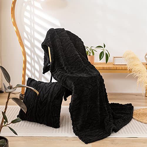YUSOKI Sherpa Large Throw Blanket Single Layer,Light Weight(1.7lb),320GMS-3D Stylish Design for Gift Home Decor (Black,50"x65") - color: Black-(without Pillows), size: Throw (50" x 65")