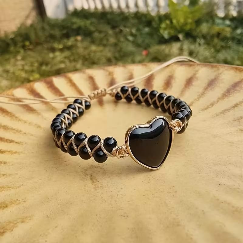 Women Boho Wrap Bracelet,Handmade Natural Stone Crystal Emperor Beads Heart Bracelet, Fashion Bohemian Jewelry Gift for Women - color: Black