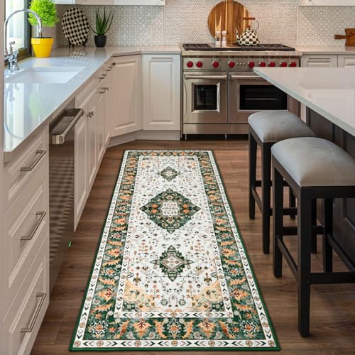 Amearea Vintage Design Runner Rugs for Living Room, 2x6 Machine Washable Floral Collection Traditional Bedroom Rug, Low Pile Cute Kids Room Print Carpet, No Slip Office Kitchen Home Decor, Green - color: Green, size: 2' X 6' (Runner)
