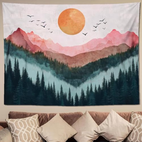 keowhsf Sunset Mountain Forest Tapestry - Large Nature Landscape Wall Hanging, Aesthetic Pine Tree Scenery Wall Art for Bedroom & Living Room Decor - color: Sunset1, size: 60"L x 44"W