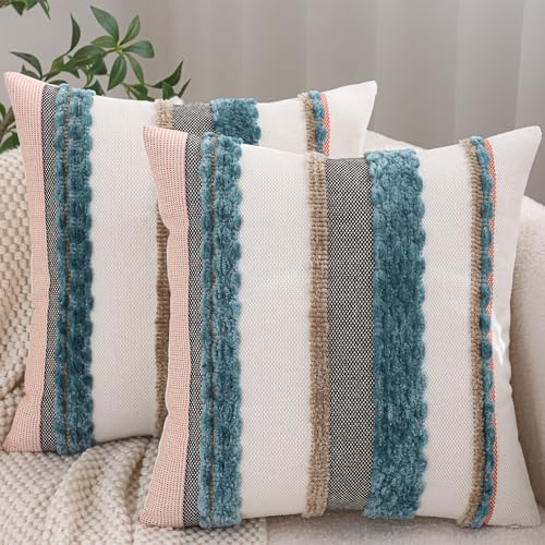 Turquoise Pillow Covers 18x18 Set of 2 Blue Coastal Throw Pillow Covers Boho Farmhouse Beach Pillow Cover Striped Decorative Pillow Case Accent Chenille Pillowcase for Home Decor - color: Blue Stripe, size: 18" x 18" (Pack of 2)