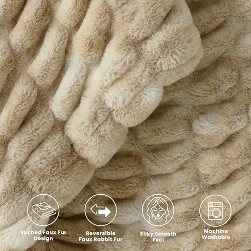 Ultra Soft Cozy Faux Fur Throw Blanket, Fuzzy Plush Thick Bubble Blanket, Oversize Luxury Fluffy Blanket for Couch, Sofa, Bedroom, and Living Room,50x60 Inches,Double Sided Tie-Dye Camel - color: Double Sided-tie Dye Camel, size: Throw