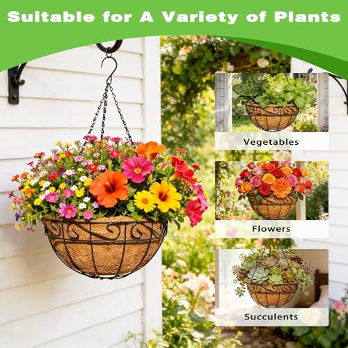 2 Pack 12 Inch Black Metal Hanging Basket Hanging Planter with Coco Coir Liner Heavy Duty Hanging Flower Pot Holder for Indoor Outdoor Patio Garden Porch Balcony Decor (Lace) - color: Lace