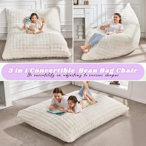 Hobestluk 3 in 1 Bean Bag Chair Giant Bean Bag Chairs for Adults with Bubble Cover Convertible Bean Bag Floor Cushion with Machine Washable Cover for Living Room (Bubble White) - color: Eider White