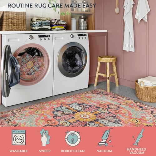 Lahome Bohemian Floral Medallion Round Rug - 3Ft Small Hot Pink Round Area Rug for Girls Bedroom Nursery Mat, Boho Washable Soft Indoor Throw Entryway Carpet for Living Room Office Coffee Table - color: Fuchsia/Multi, size: 3' (Round)