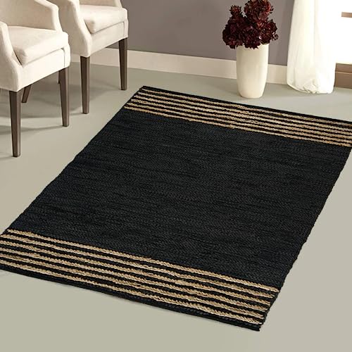 GRUHUM Black Jute Area Rug 3x5ft - Natural Fiber Rectangular Black Leather Handwoven Boho Farmhouse Soft Braided Vintage Eco Friendly Rugs Indoor Living Room Kitchen Hallways Enterways Doormat 3x5 ft - color: Natural Black- 20, size: 3' x 5' (Rectangular)