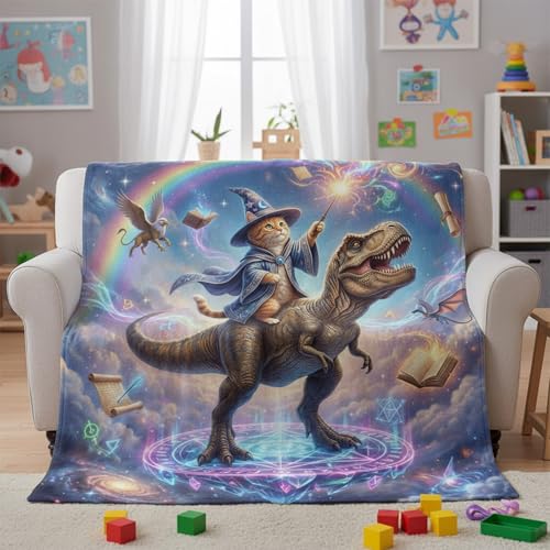 Neasow Funny Cat Witch Dinosaur Throw Blanket, Galaxy Space Rainbow Flannel Fun Blanket, Super Soft for Couch Dorm Sofa Room, Gifts for Kids Teens Boys, 50×60 inch - color: Cat Witch Dinosaur, size: 60"L x 50"W