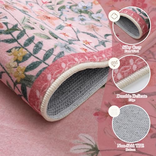 Wonnitar 2x3 Washable Area Rug, Small Pink Kitchen Mat, Boho Floral Bathroom Rug, Non Slip Accent Rug for Bedroom Bedside, Ultra Thin Laundry Door Mat Decor (2x3 Pink) - color: Pink, size: 2' x 3' (Rectangular)