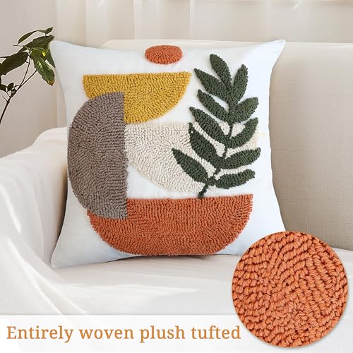 Boho Accent Pillow Covers 18x18- Tufted Abstract Modern Square Throw Pillow Covers, Farmhouse Decorative Pillowcase for Couch, Sofa, Bed, Living Room -Orange Beige Geometric Dark Green Leaf - color: Botanical Geometry Tufted