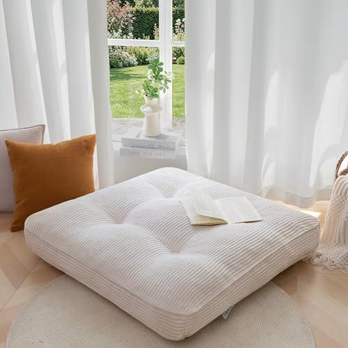 HIGOGOGO 35" Floor Pillow Cushion for Adults, Meditation Cushion Pillow, Extra Large Square Floor Sitting, Tufted Corduroy Cover for Tatami Living Room or Yoga, Beige - color: Beige, size: 4" Thick Square