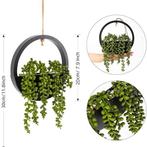 2 Pack Fake Plants Artificial Wall Hanging Plants, Boho Hanging Planter Fake Succulents Artificial String of Pearls in Black Wooden Pots with Lanyard for Home Office Wall Decoration - color: Black, size: 2 Pcs