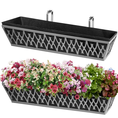 2 Pack 30 Inch Window Boxes Planters Railing Planter Box with Adjustable Brackets & Non-Woven Fabric Plant Grow Bags Deck Railing Planter Boxes Balcony Hanging Flower Box for Outdoor Plants - color: 2 Pack-grey, size: 30 Inch