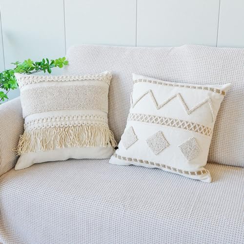 Boho Throw Pillow Cover Tassels Textured Striped Bed Pillow Shams Farmhouse Neutral Decorative Soft Pillowcase for Sofa Couch Bed (PatternC,18"x18") - color: Pattern C, size: 18"x18",Throw Pillow Covers